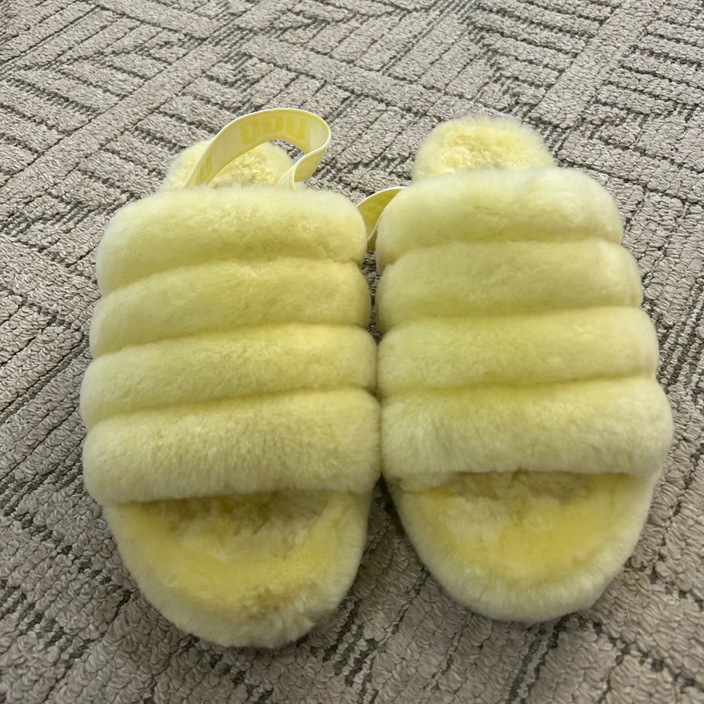 UGG Neon Soft Yellow Fluffy Slides size 11 - Picture 4 of 11